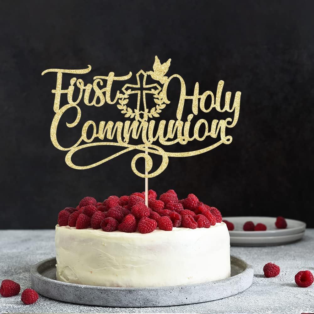 1pc First Holy Communion Golden Glitter Cake Topper, Bamboo Material, No Electricity Or Feathers Required, Perfect For Ramadan, Baptism, Birthday, And Communion Party Decorations
