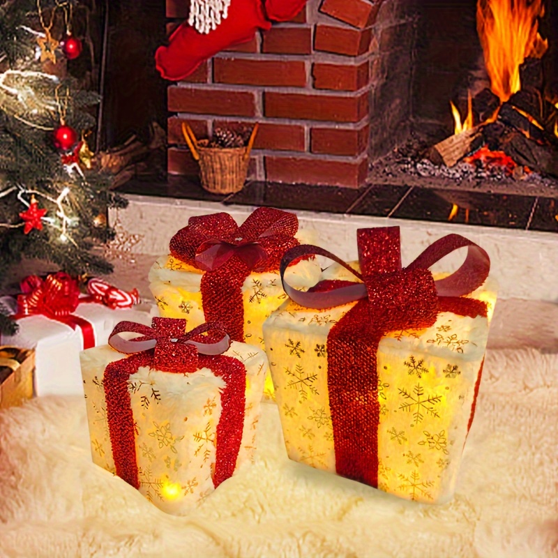 3pcs Plush Christmas Glowing Gift Box, Christmas Red Bow Gift Box, Christmas Party Gift Box with Golden Snowflakes, Suitable for Christmas Tree, Holiday Decoration, Home Decoration, Christmas Celebration Gifts, Collectible Buildings & Accessories, Best for Christmas, Christmas Light Gift Box, Christmas Decoration, Christmas Stuff Cheap, Christmas Village, Christmas Home Decoration