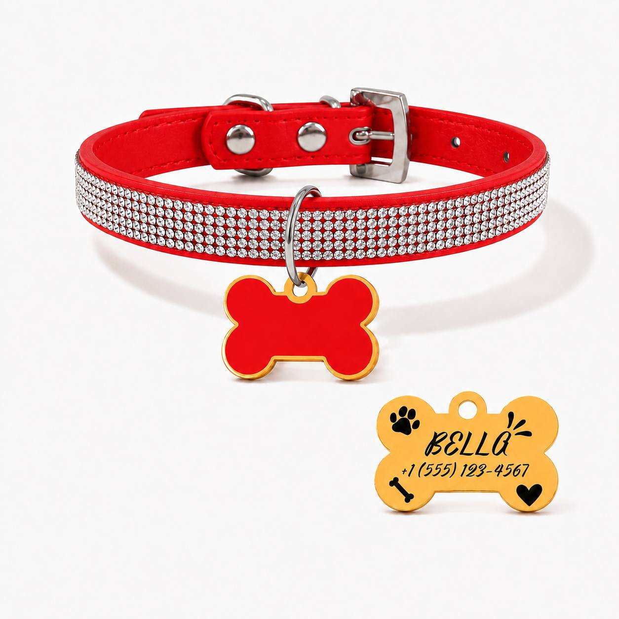 Diamond-Studded Pet Collar with Engravable Bone Dog Tag