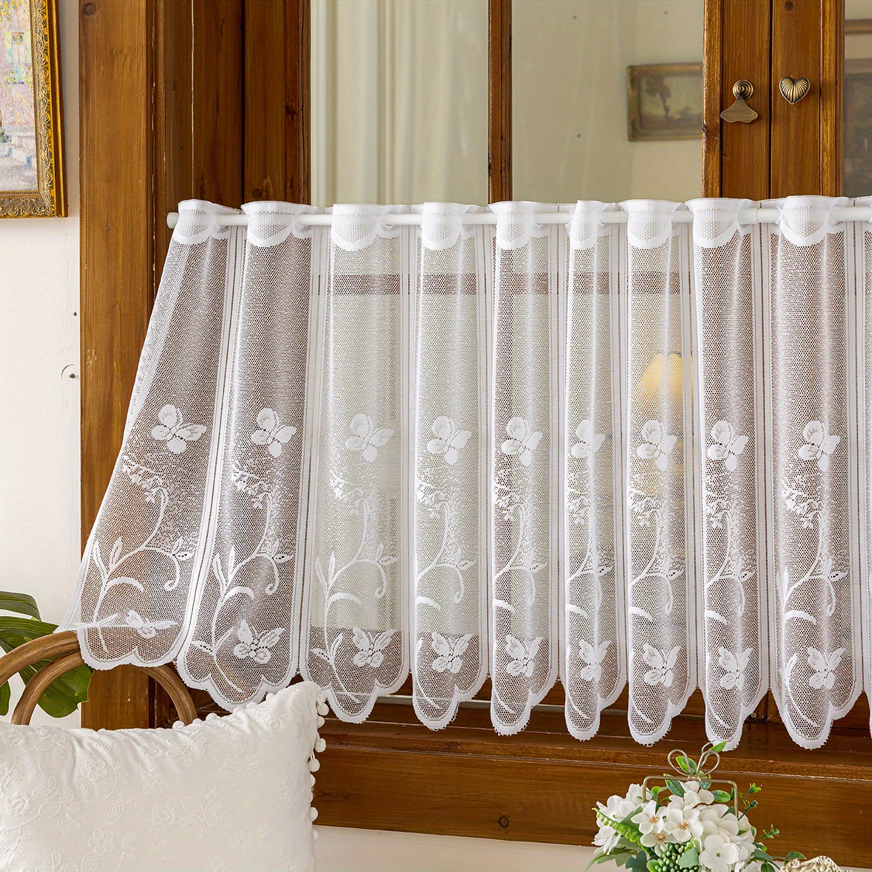 Image of 1-panel Bohemian Floral Sheer Tulle Small Curtain, Rod Pocket Top Hanging, Suitable For Living Room, Bedroom, Balcony, Kitchen, Window Decoration, Etc.