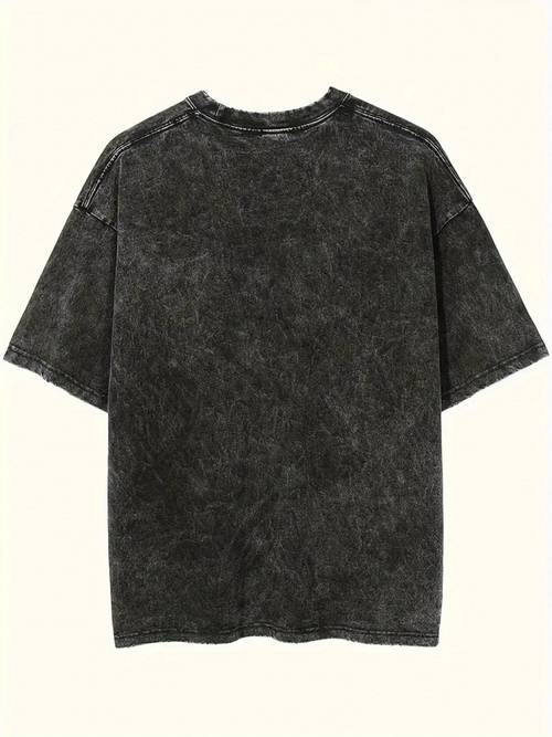 minimalist mens vintage washed black loose fit short sleeve cotton streetwear shirt with unique hand drawn designs anime t shirt