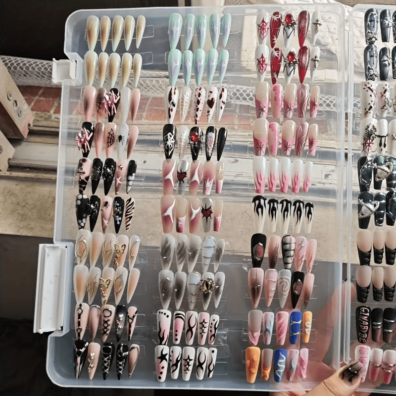 TEMU 120pcs Nail Art Set - Salon-quality Manicure And Pedicure Kit With Glossy Acrylic Nails, Medium Lengths, Trapezoidal And Almond Shapes, Floral And Heart Designs In Yellow, Pink