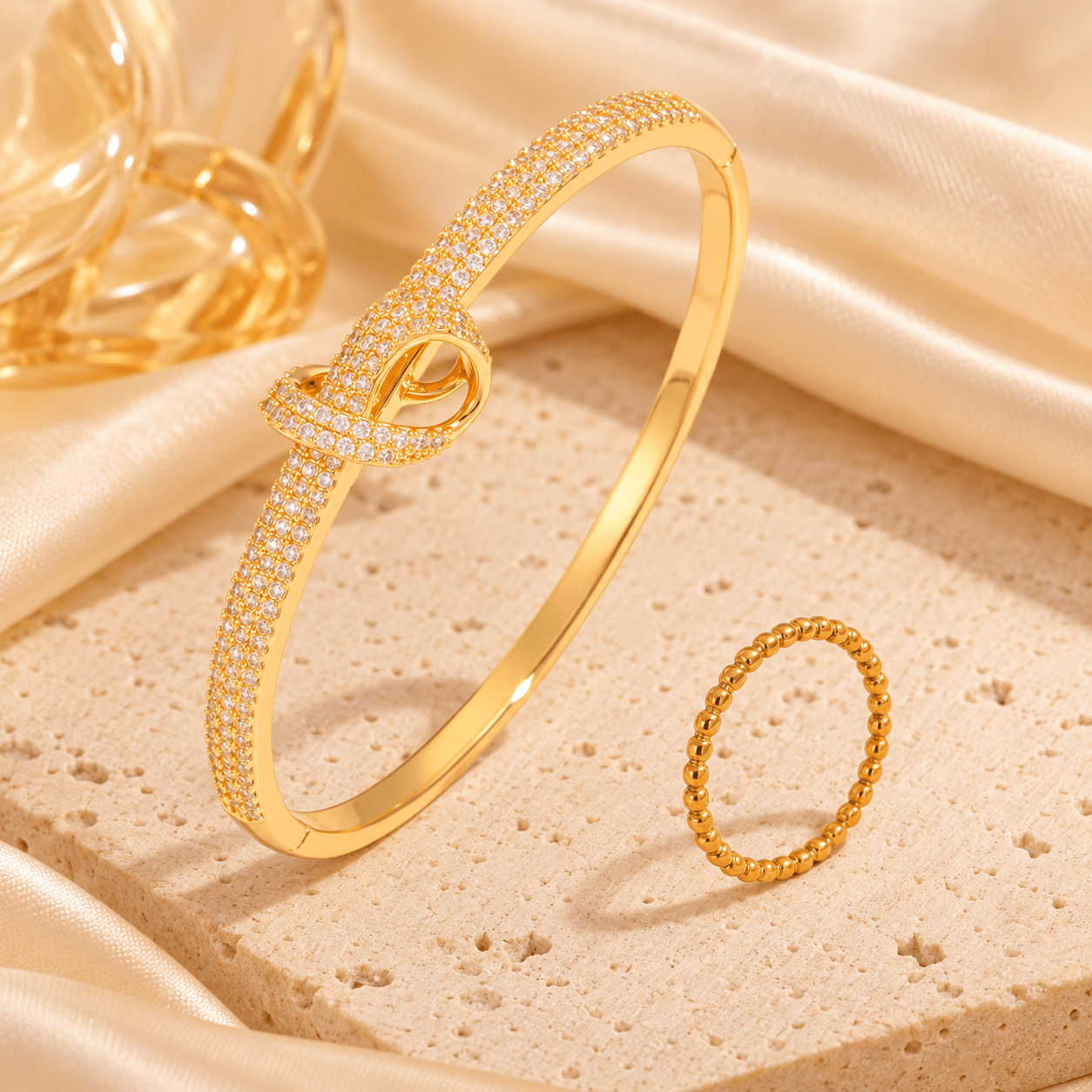 Unisex 2pc 18K Gold Plated Bracelet & Ring Set, Exquisite Design