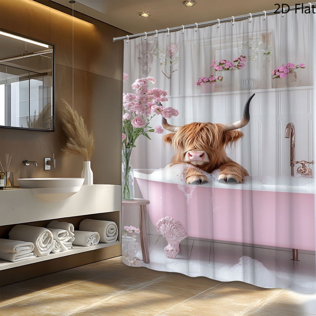TEMU 2d Flat, 2d Flat, 2d Curtain, 1pc Cartoon Highland Cow Shower Curtain Pink Bathroom Retro Decor Polyester Fabric Hook 70 X 70 Inches