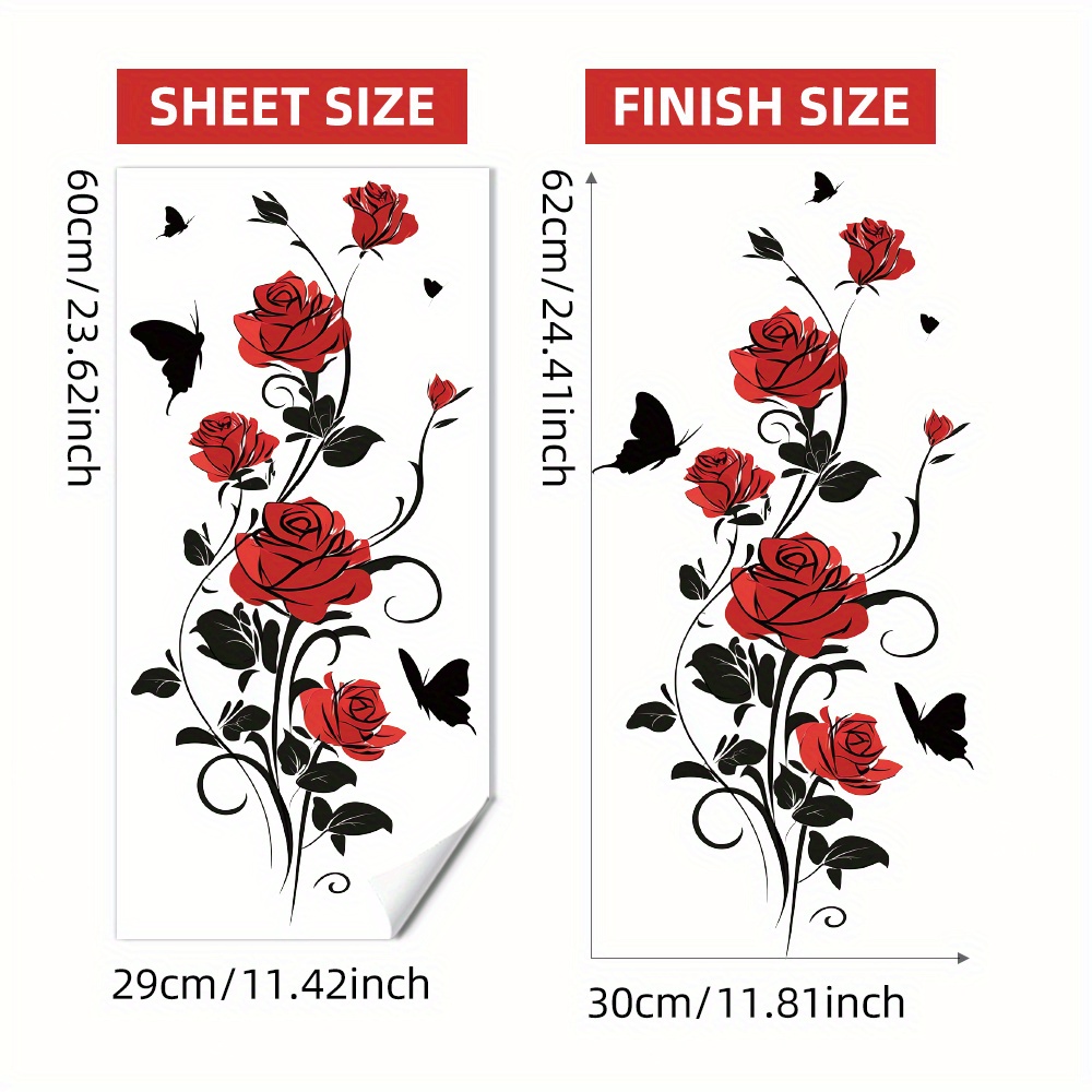 Image of Wall Sticker, Red And Black Color Scheme Rose Flower Vine Pattern Wall Sticker, Home Decoration Decorative Wall Sticker Paper Wall Sticker Picture Flower, Suitable For Living Room Bedroom Dining Room