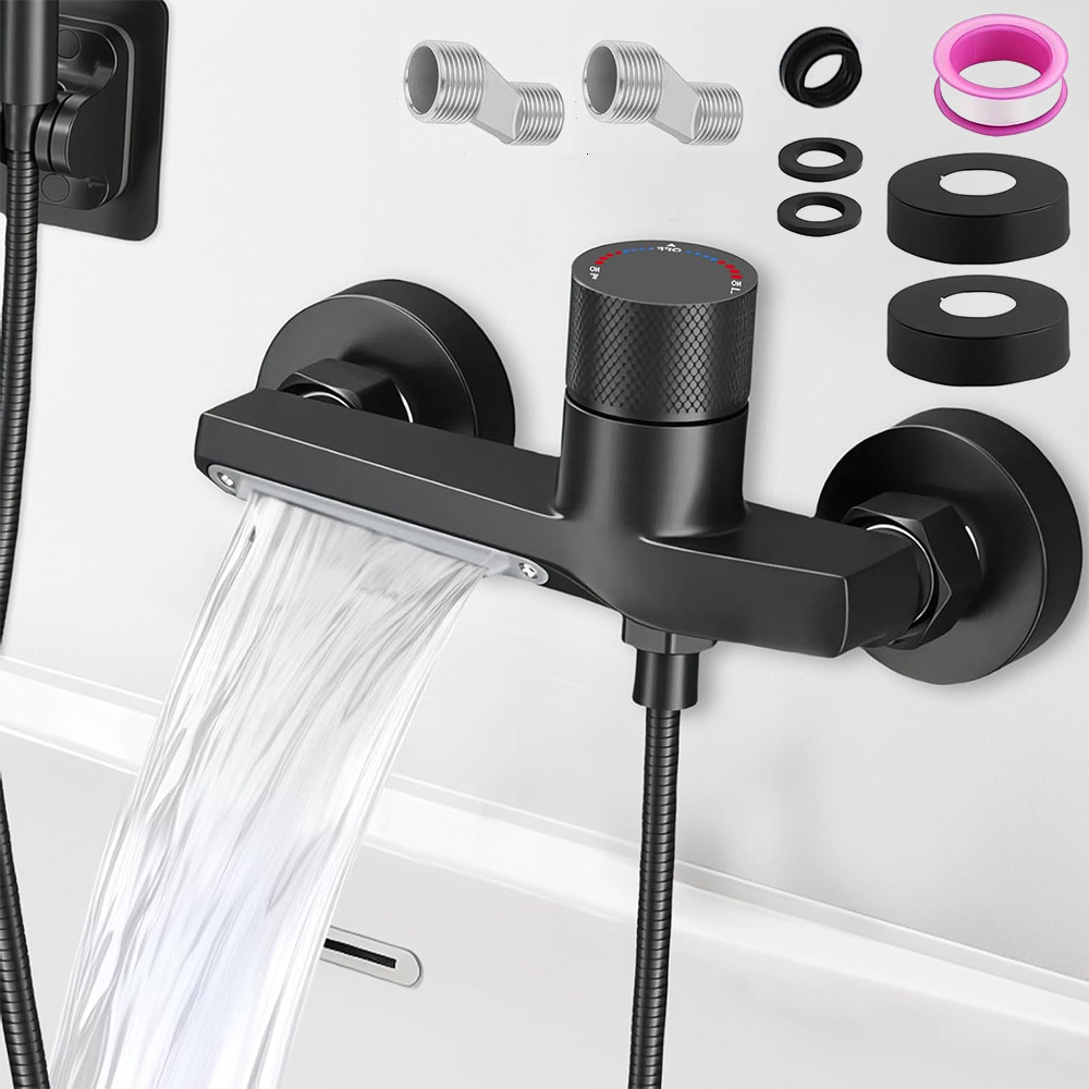 Waterfall Bath Thermostat Mixer Tap With 2 Outlets Shower Bath Filler Set, Matte Black, Brass Material, With Installation Kit, Includes Tap, Connectors, Caps, Washers, Ptfe Tape