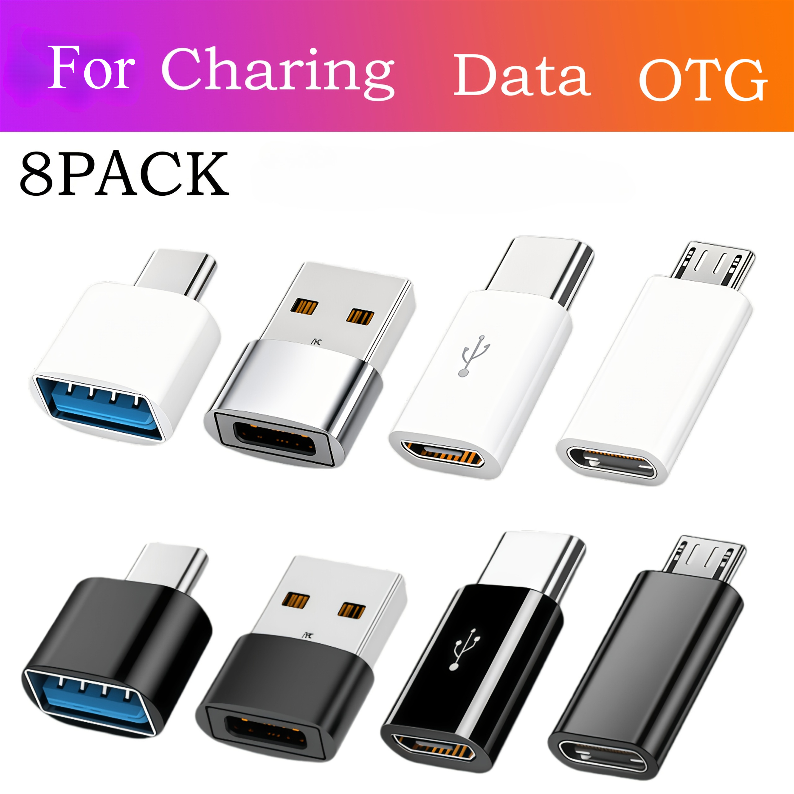 TEMU Kit de 8 adaptateurs USB C vers USB A , dongle convertisseur OTG pour charge et synchronisation de données, connecteur Micro USB vers Type C