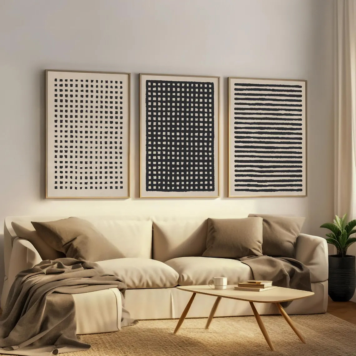 2D ploski, 2D ploski, tridelna kolekcija, stenske dekoracije, minimalistična umetnost s črnim črnilom, abstraktni bež in črni liniji, nevtra