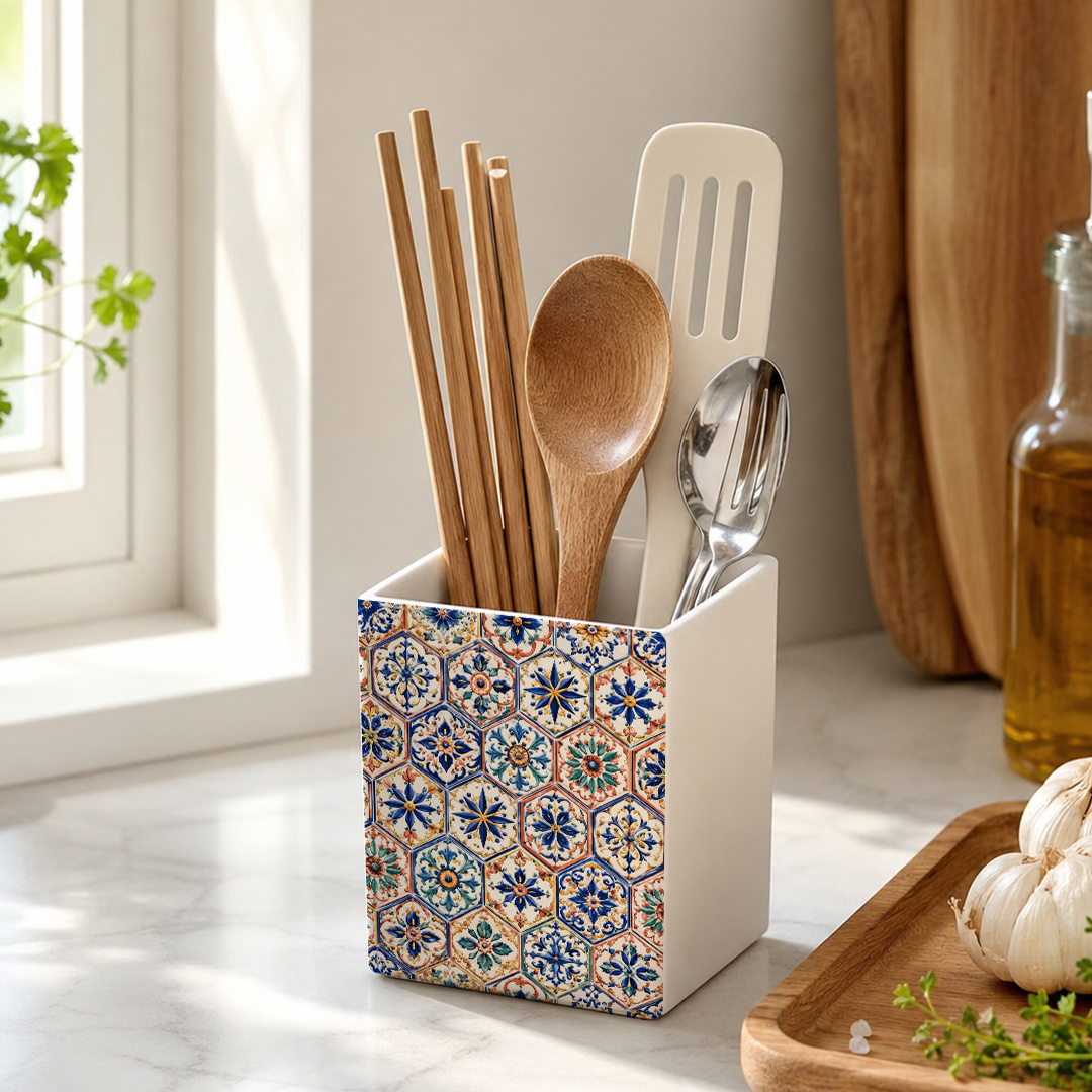 TEMU 1pc 10x7cm Square Pen Holder Storage Box, Retro Tile Pattern Full Print Multi-functional Organizer - Desktop Shelf (suitable For Storing Makeup