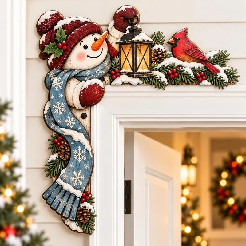TEMU Panneau d'angle de porte de Neige, Décoration de porte en bois à deux niveaux, Oiseau, Panneau en bois rustique, Décoration de maison pour les