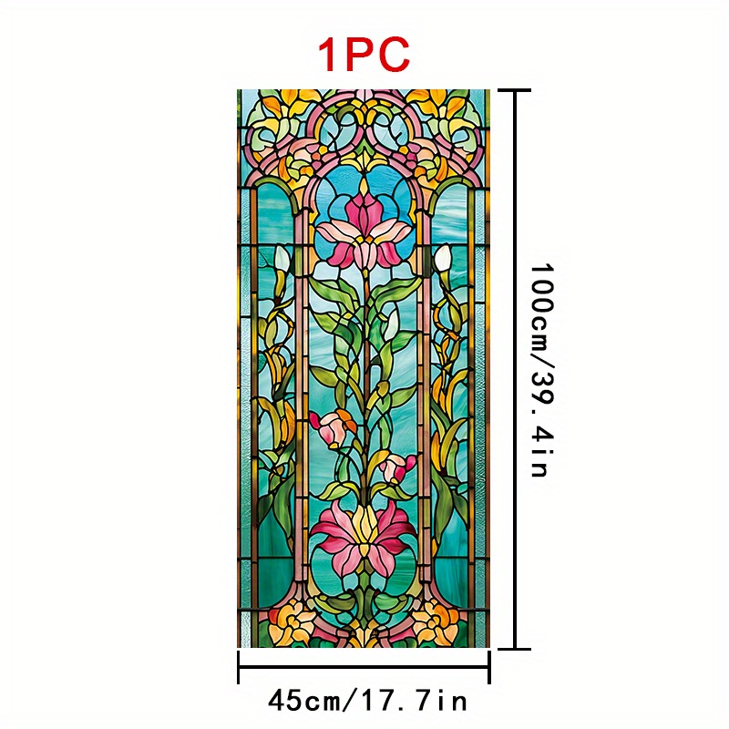 TEMU 1 Pieza de Vinilo Decorativo de PVC con Diseño de Vidrio y Hojas Verdes, Película Adhesiva Estática para Ventanas, Superficie Escarchada,