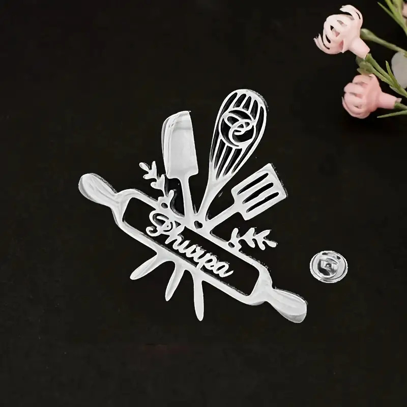TEMU Épingle de Chef en Acier Inoxydable Personnalisée | Design avec Nom et d'Ustensiles Culinaires | Idéal pour les Passionnés & Cuisineurs |