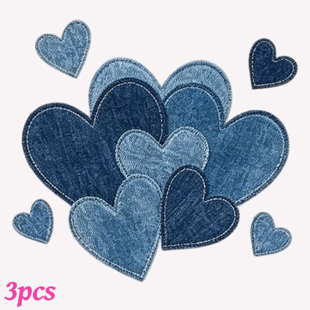 TEMU 3pcs 2d Flat Heat Transfer Stickers Compatible For Iron-on Transfers Heat Press Appliques - Blue Denim Hearts Patches, Washable Durable Designs