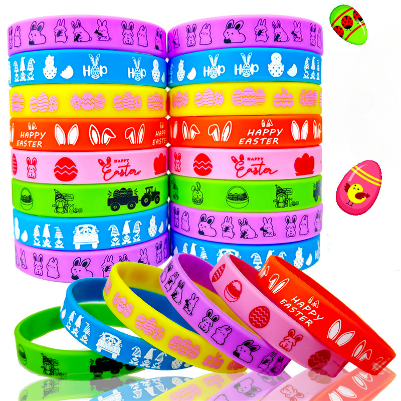 

12-pack Silicone Easter Wristbands - Flexible Rubber Bracelets With Positioning Printed Easter Egg & Bunny Designs For Party Favors, Universal Holiday Gifts, Carnival Themed Events