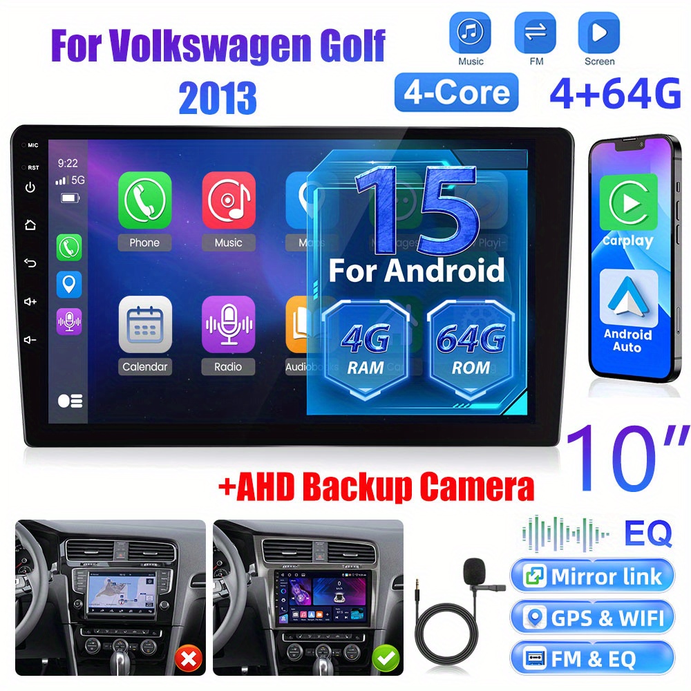 Image of [4+64g] 10 Inch 15 Radio Double Din Car Stereo For Golf 7 2013-2018 With Auto, 1080p Touch Screen Radio Wifi/ / Fm/ Swc/ / Backup Camera/ Mic/ 32 Eq, Without Battery