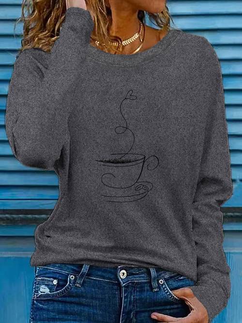 womens casual long sleeve t shirt with sketch coffee floating pattern print stretch polyester blend round neck spring summer washable sportswear apparel ladies t shirts summer clothing