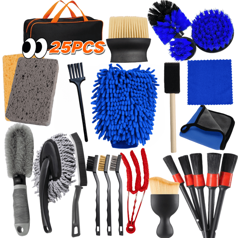 TEMU Kit di pulizia auto da 25 pezzi con spazzole per autolavaggio, panni in microfibra, spugne, spazzole per bocchette d'aria e , dettagliata degli