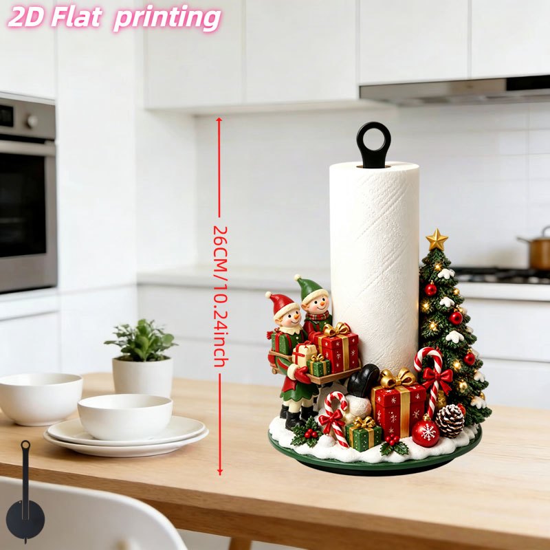 TEMU Porte-essuie-tout de cuisine 1 pièce avec impression 2D à plat - Style de Noël, de neige et elfe et de cadeau, porte-rouleau de papier amusant