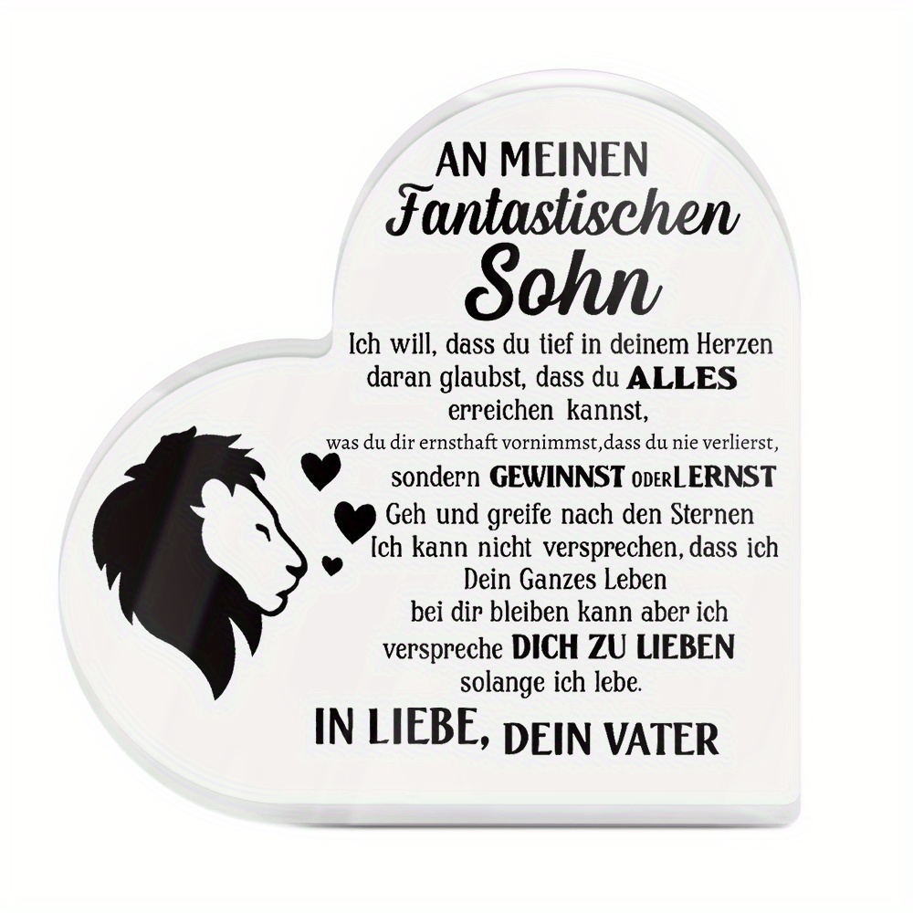TEMU 2d Flat, 2d Flat Lion Effect Putuo Decor 1pc German Heart Shaped Acrylic Sign Table Decor, An Fantastischen Sohn, Desktop Decoration For Son,