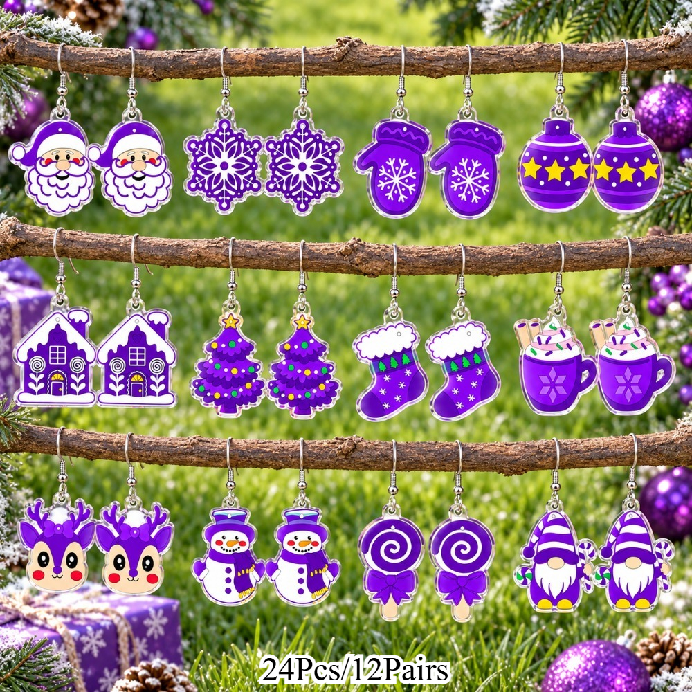 TEMU 24pcs/12 Pairs Christmas Purple Series Reindeer Snowflake Snowman Acrylic Drop Earrings Set, Women's Style, Fresh Style Fashion Earrings,