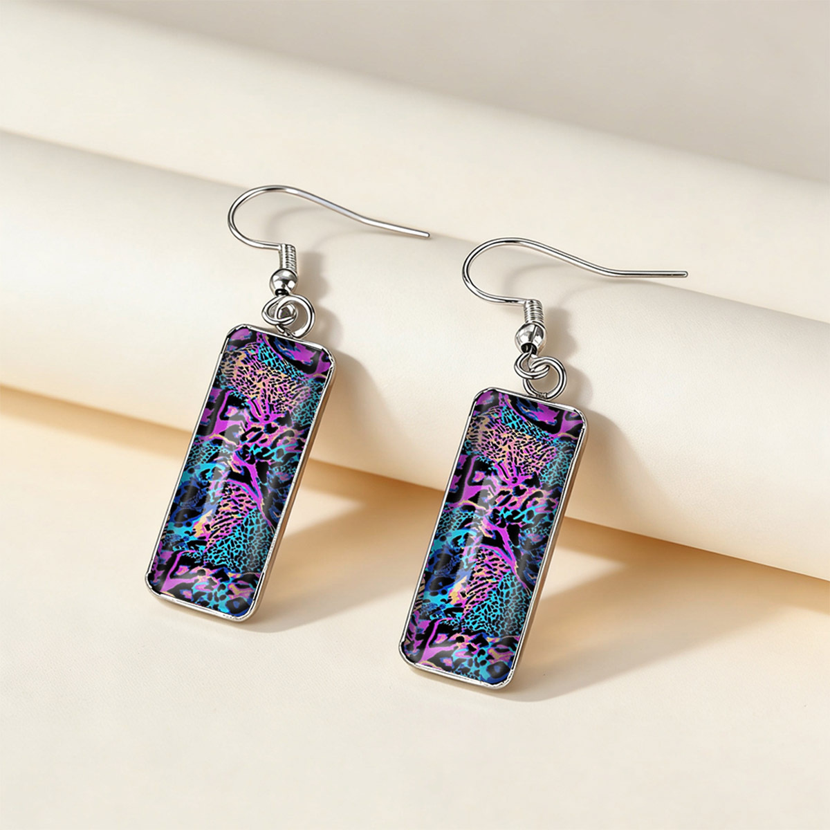 Purple, Blue, and Pink Iridescent Animal Texture Print Rectangular Earrings
