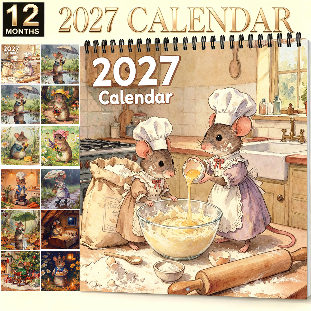 TEMU 1 шт., Настінний календар 2027 , 21 x 21 см (8,3 x 8,3 дюйма), акварельний, милий миші-шеф-, настінний календар, художній декор для кухні,
