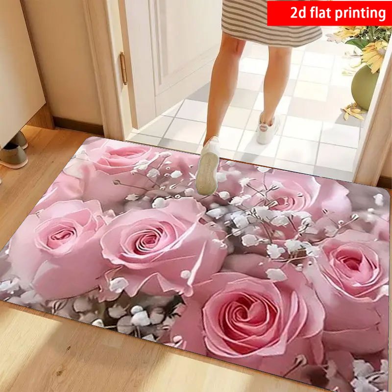 TEMU 2d Flat Printing, 1pc, Floral Mat, Pink Rose Print Romantic And Aesthetic, Soft Fleece Material, Suitable For Bedroom, Living Room, Kitchen,