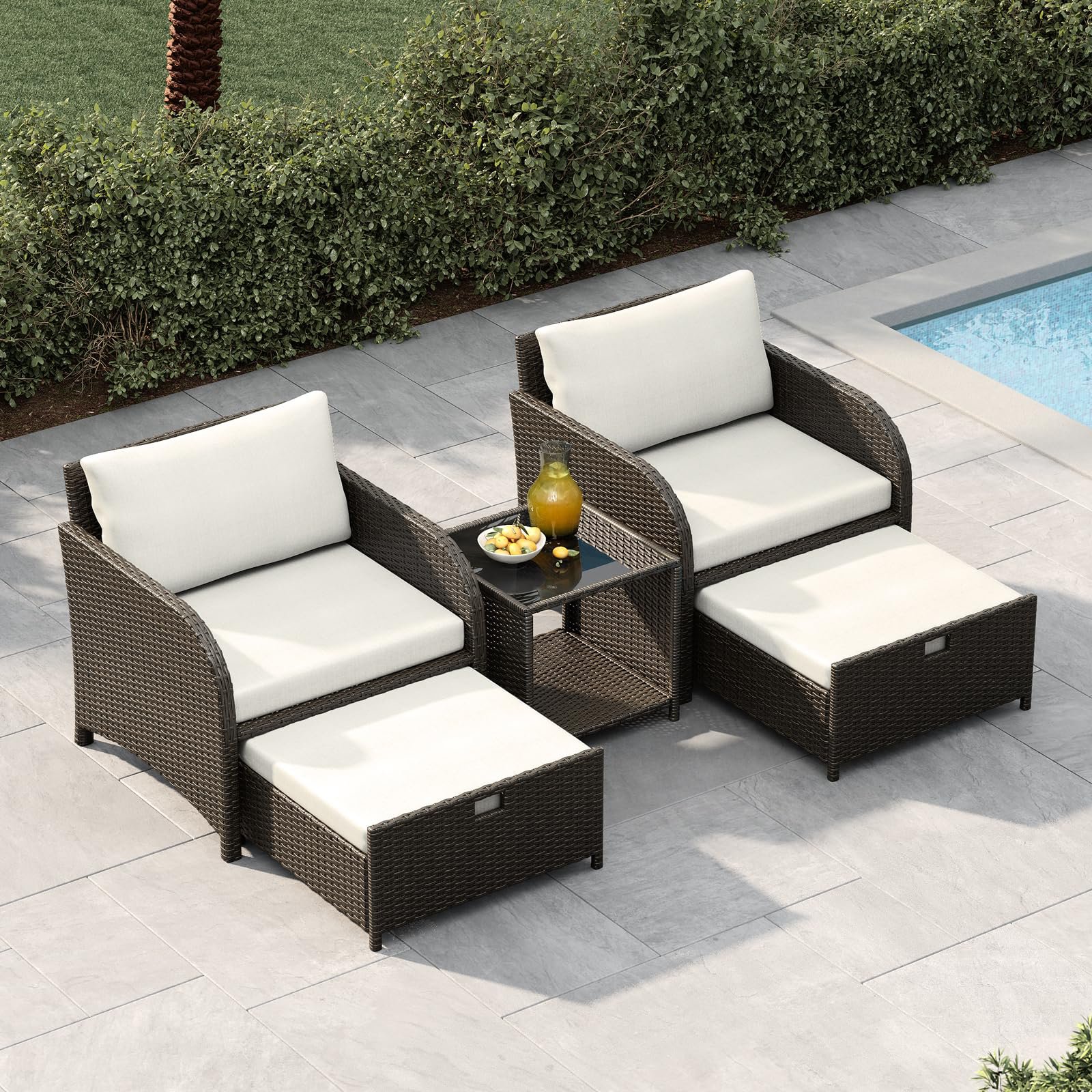 5pcs Outdoor Patio Sofa Set - Space- Rattan Conversation Furniture With 2 Lounge Chairs, 2 Hidden Ottomans, Tempered Glass Table - Ideal For Balcony, Porch, Backyard, Or Poolside