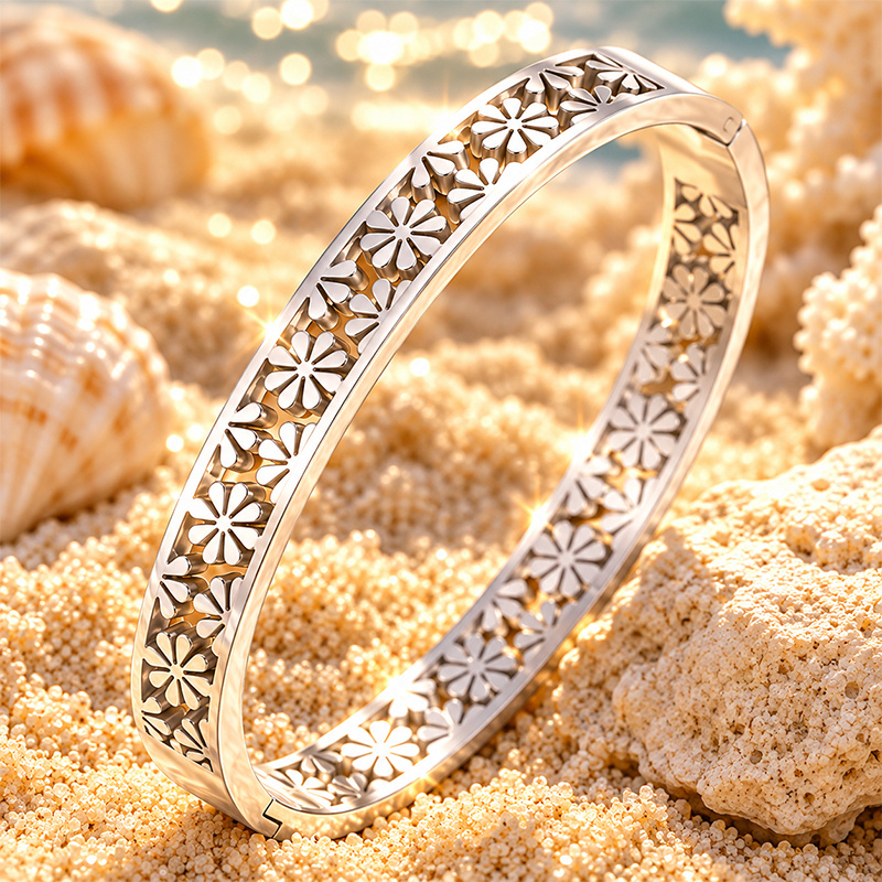 2pc Adjustable Chunky Chain & Floral Carved Bangle Set