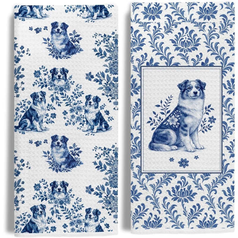 TEMU 2pcs 18x26 Inches Kitchen And Hand Towel Set, Featuring Blue And White Floral Pattern Dog Plate And Tea Towel, Suitable For Kitchen And Bathroom