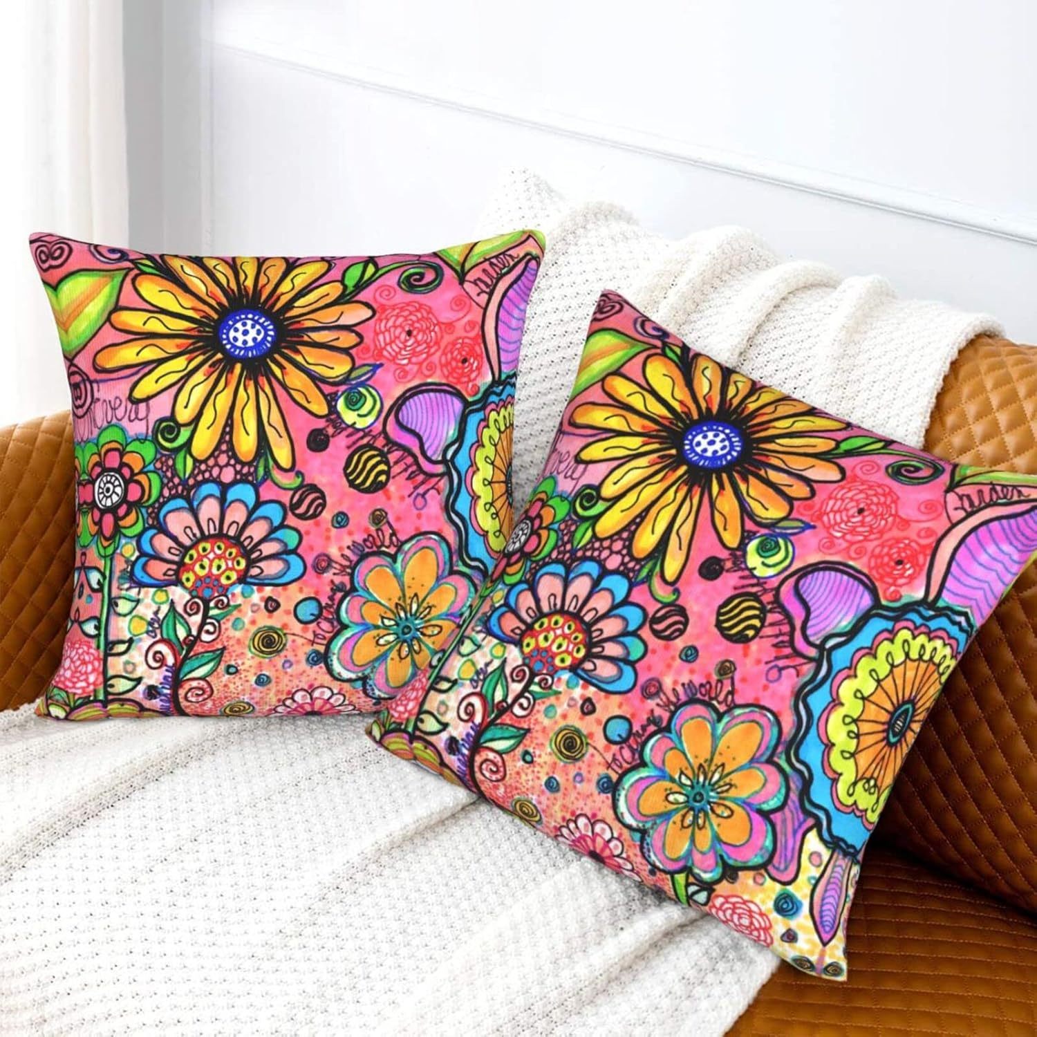2pcs artistic floral graffiti throw pillow covers double sided printed square pillow covers for sofa bedroom living room car decoration holiday decorations polyester 18 x 18 inches no pillow core Product details 3