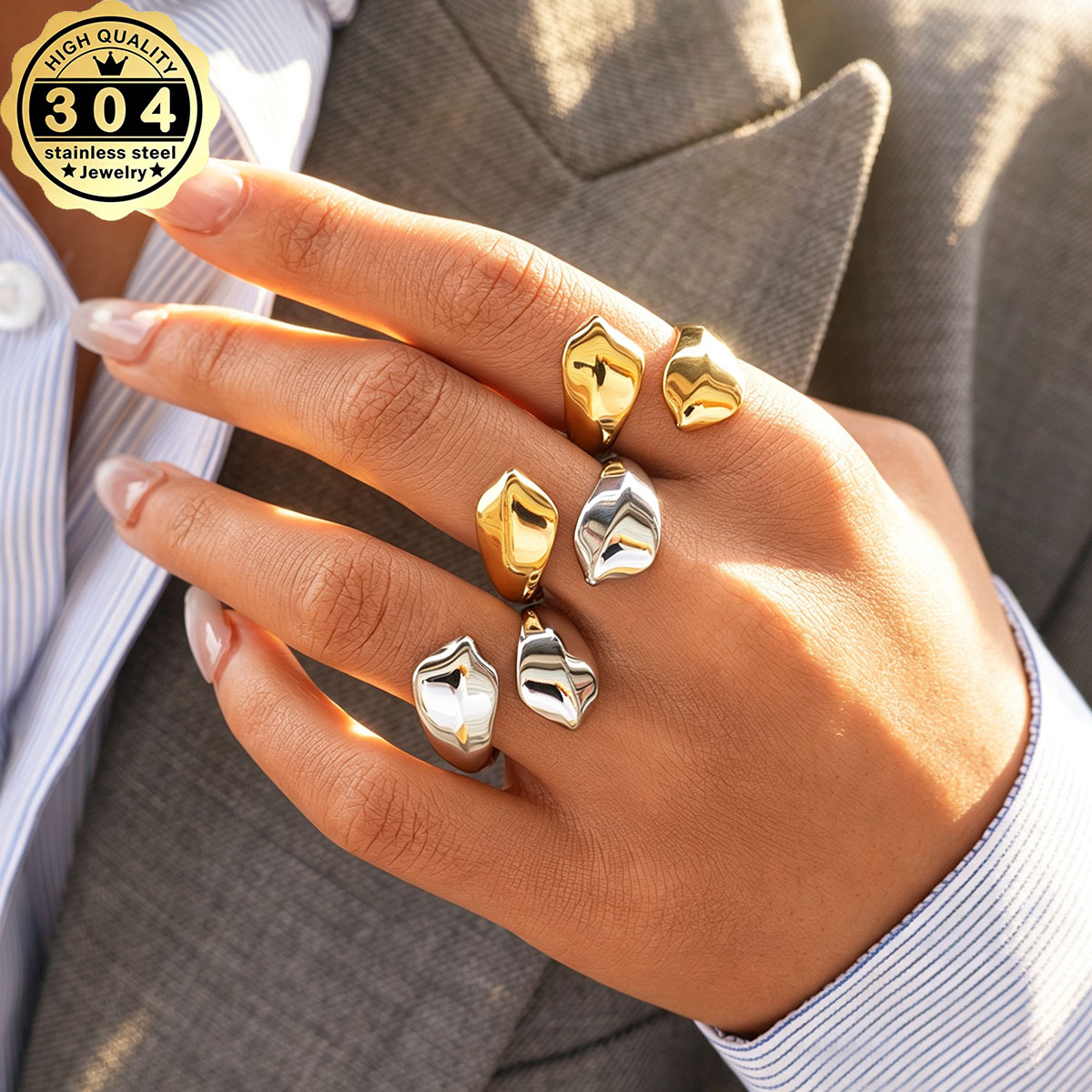 Women's Adjustable Open Geometric Ring, 18K Gold Plated