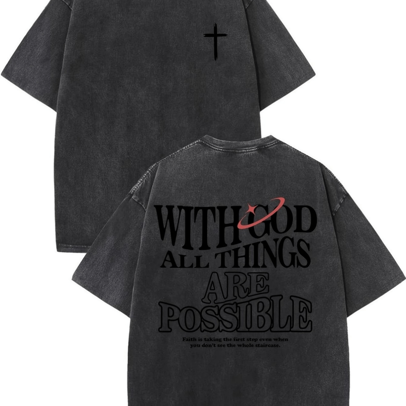 Men's Christian Faith-Inspired Oversized T-Shirt - 100% Cotton Washed Vintage Look with Matthew 19:26 Bible Verse & Cross Print, Casual Streetwear Round Neck Short Sleeve Tee for Casual Attire, Church Events & Religious Gatherings, Double-Sided Letter Pattern, Relaxed Fit, Machine Washable, All-Season Comfort, Light Grey with Black Cross Design, Distressed Washed Aged Batik Style