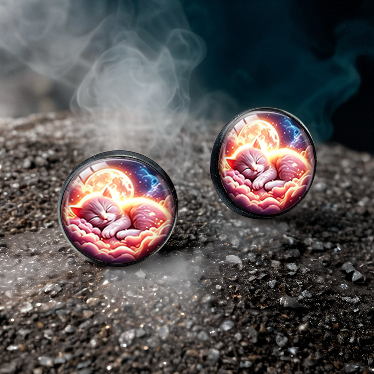 Women's Dreamy Curl Sleeping Cat Round Stud Earrings