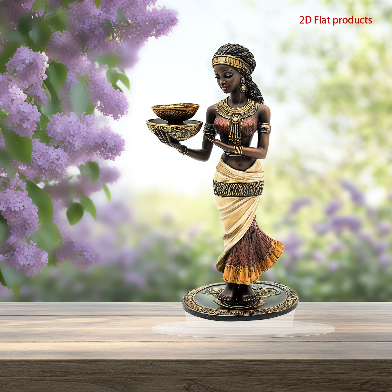 

Elegant Bohemian African Lady Figurine With Golden Accents - 2d Acrylic Crystal Decor, Stand Included, , Or Birthday Gift, Traditional African Attire Design, African Home Decor