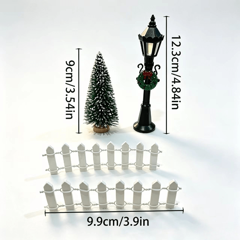 TEMU 1 Tree + 1 Model Street Lamp + 2 White Fences, Mini Snow Scene Christmas Tree Decorations, Tabletop, Shelf, Mantel - Plastic Miniature For