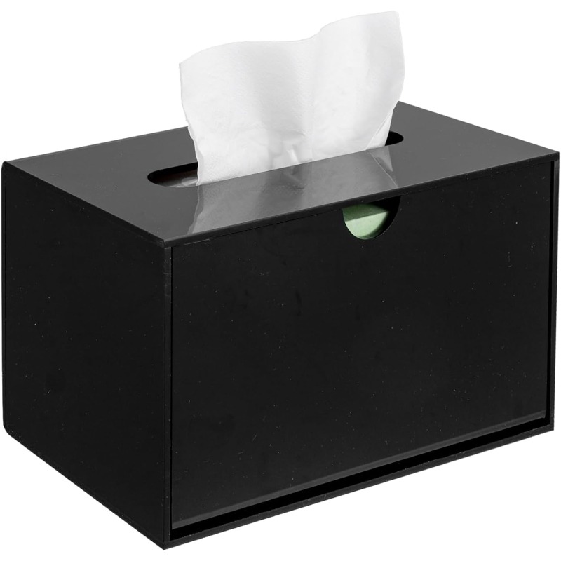 modern black glossy acrylic tissue box dispenser with slide-out holder & refillable drawer-like design - rectangular bathroom/office/ vanity storage, space-saving tissue dispenser with    ,     &   pads - minimalist  , easy-  (compatible with tissues not included) - sleek rectangular tissue box cover with slide-out panel, tissue holder bathroom Product details 0