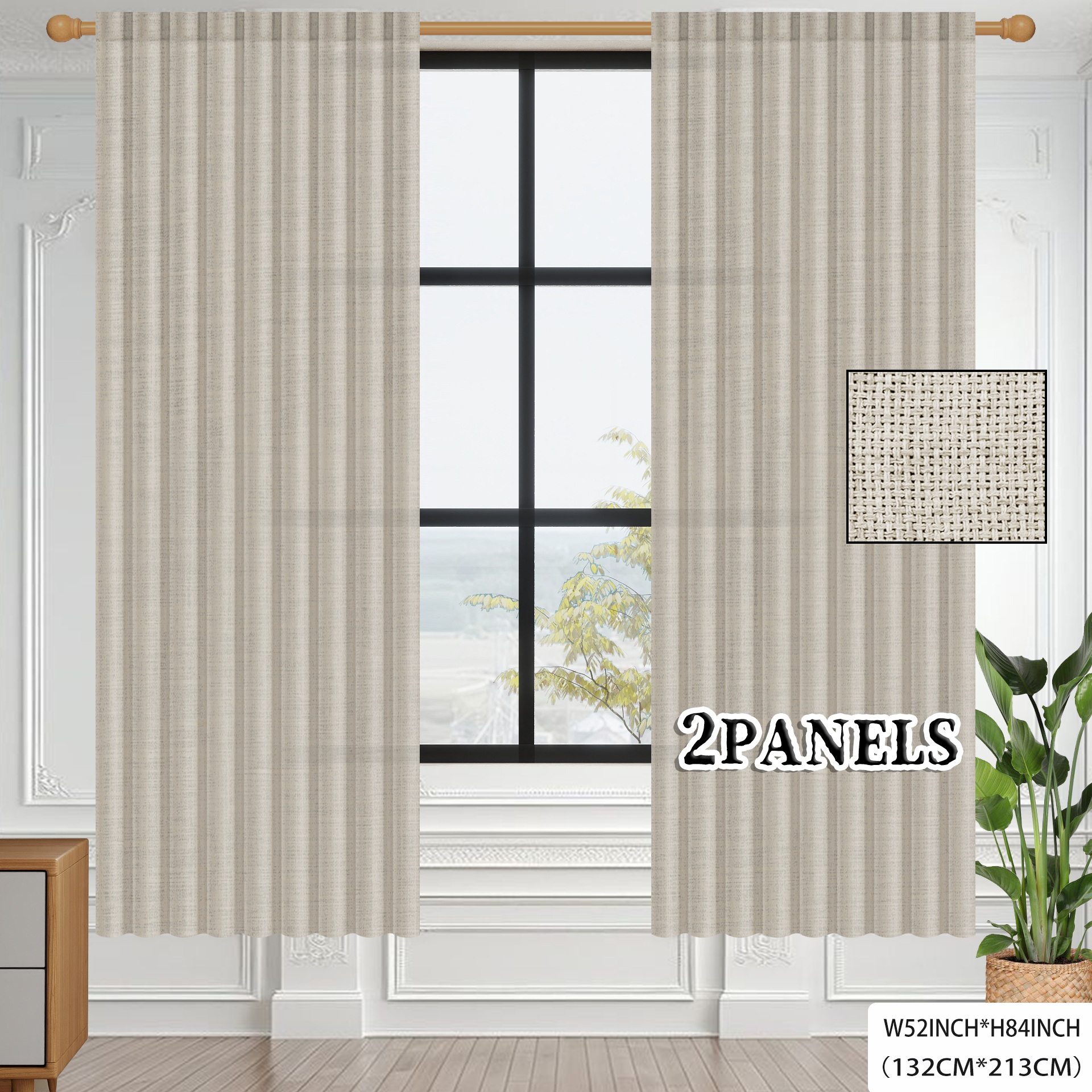 TEMU 2-pack Polyester Linen-look Textured Curtains, Light Filtering Sheer Window Panels With Rod Pocket For No-drill Hanging, Style For Bedroom,