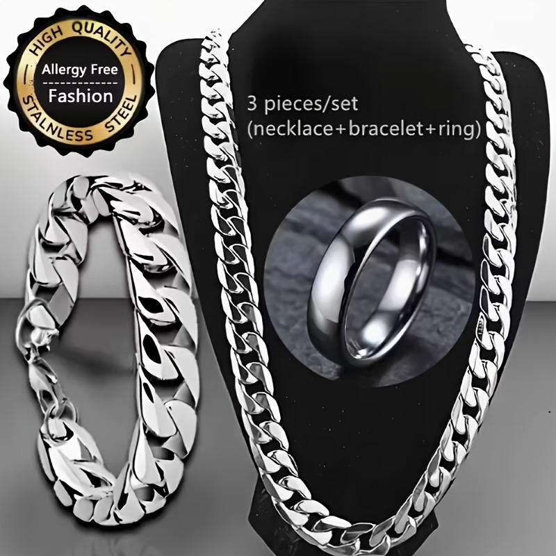 3pcs necklace bracelet ring classic mens jewelry set high quality stainless steel non fading cuban chain necklace and bracelet round ring christmas fathers day valentines day anniversary gift