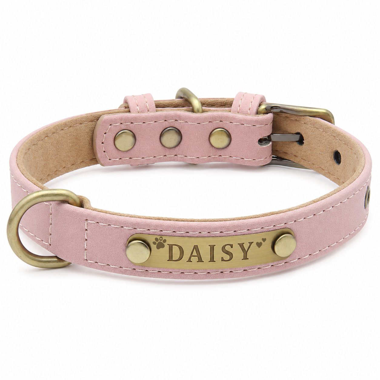 TEMU Personalized Engraved Id Tag Faux Leather Dog Collar With Heart Paw Print Design Adjustable Pet Collar For Small Medium Dogs Cats Breathable