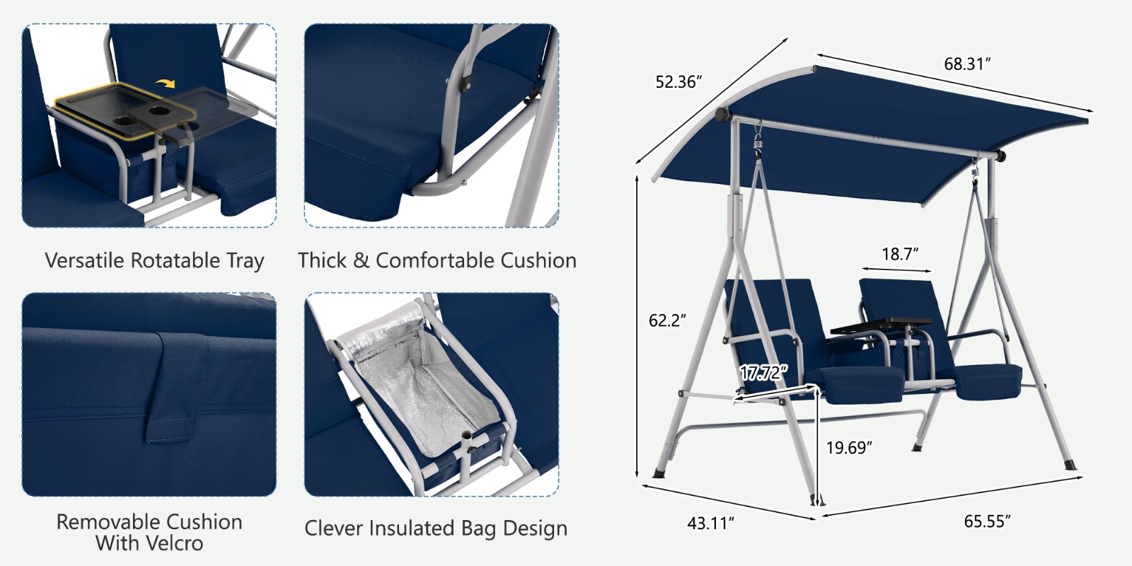 2-Seat Patio Porch Swing with Stand, Outdoor Swing Chair with Adjustable Canopy & Cup Holders for Backyard, Garden & Deck