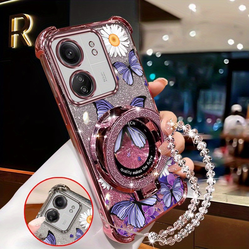 TEMU Phone Case - Durable 13c Comfortable Feel Crystal Roses And Ring-shaped Stand Pearl Lanyard Case For Redmi 13c Featuring Elegant In Casual