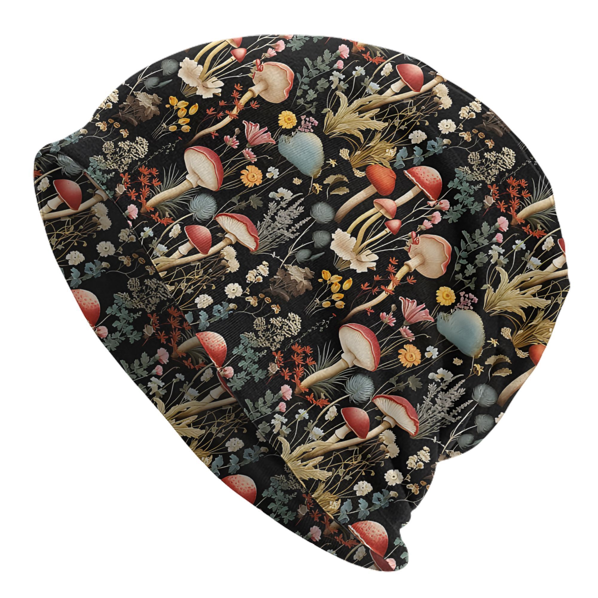 TEMU 1pc Mushroom & Floral Forest Print Beanie Hat, Fashionable Unisex Hip Hop Skull , Knitted Polyester With Elastane Stretch, Fits All