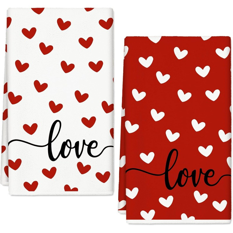 

2pcs Valentine's Day Kitchen Towels - "love" & , Red And White, 18x26 Inch, Soft Polyester, Ideal For Cooking, Baking & Party Decor, Dish Towels For Kitchen