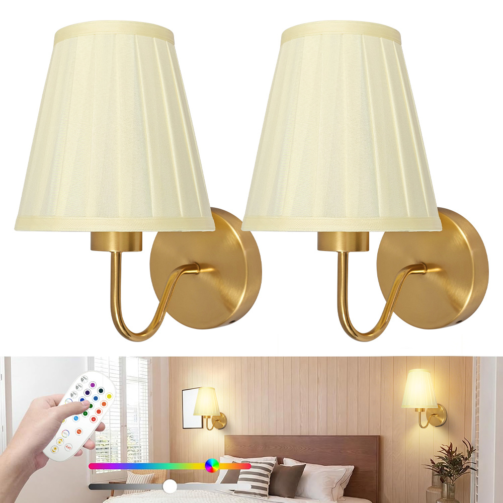 Image of Vintage Battery Operated Wall Sconces Set Of 2, Pleated Fabric Shade Golden Wall Lamp With Remote Control, Cordless Rechargeable Wall Sconces Fixtures For Bedroom, Living Room, (2 Bulbs Included)
