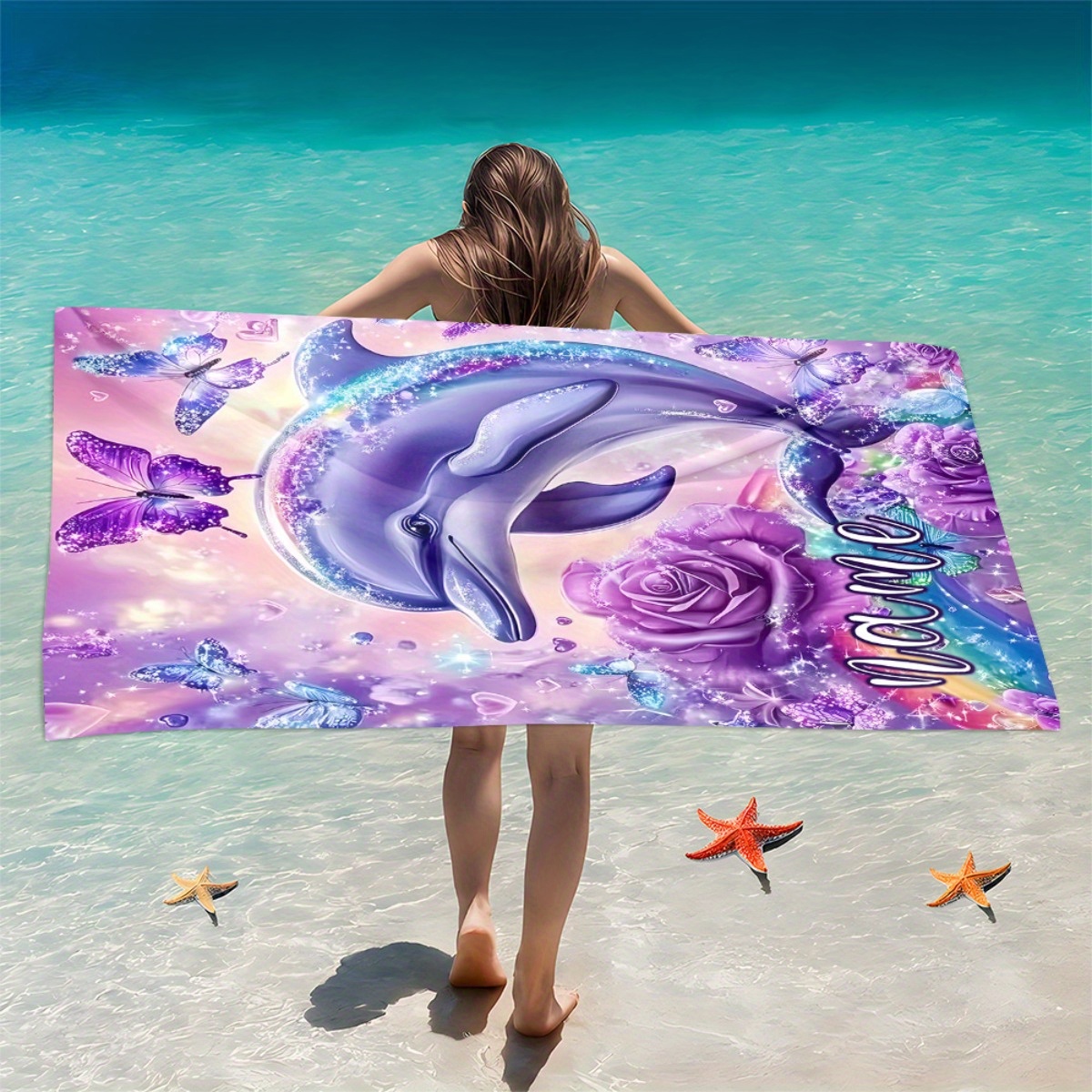 TEMU 1pc Custom Name Dolphin Purple Rose Beach Towel Soft Ultraabsorbent Microfiber Lightweight And Windproof Beach Parties Travel Camping 55x27n