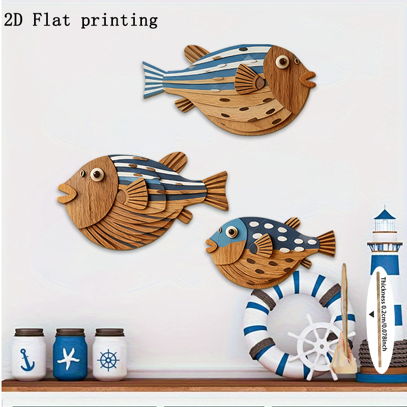 TEMU Set di 3 decorazioni da parete in legno 2D piatto con motivo a pesce , realizzate in legno ingegnerizzato, installazione adesiva, adatte per