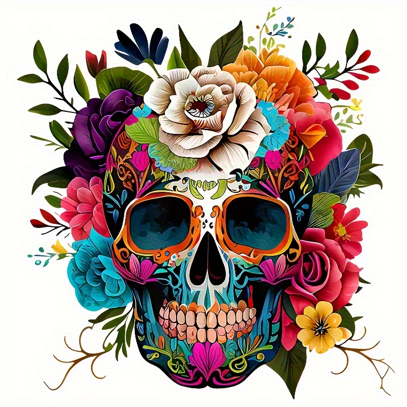 Image of Of The Dead Floral Skull Iron-on Patch - Washable Pvc Transfer Suitable For Diy T-shirts, Jeans, Sweaters, Bags, And Pillows - Colorful Sugar Skull