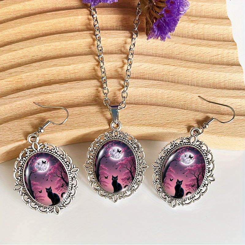 TEMU 3 stuks modieuze sieradenaccessoires met een zwart katje onder de en roze boompatroon, inclusief kantoorringen en een glazen ketting