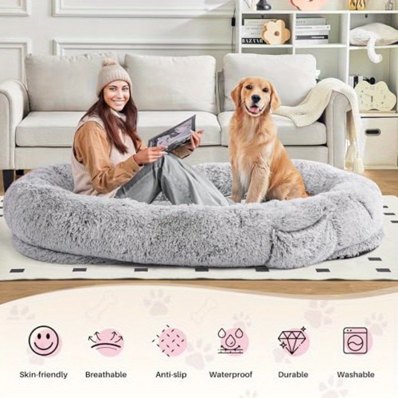 extra large human dog bed - 72x48x10 inch pet bed with blanket side pocket, high quality & washable   fur fabric, no assembly needed, portable indoor/outdoor dog bed for large breeds,   design for adults & pets, durable pet bed for home, travel, or crate - ideal for golden retrievers, labradors, german shepherds, pet bed for dogs, indoor pet furniture,   furniture, soft texture,   material, pet lovers,   furniture, stylish pet furniture,   Product details 1